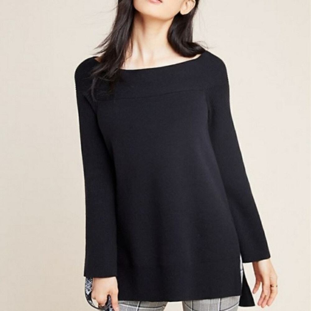 Anthropologie Elise Black Cold Shoulder Tunic Sweater XL NWT Bell Sleeve Knit